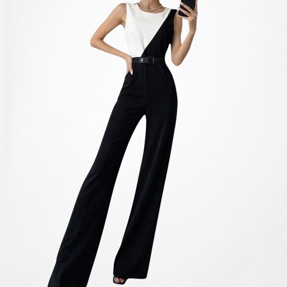 Vintage Y2K Black White Colorblock Sleeveless Wide Leg Waist Tie Jumpsuit Size M - Picture 2 of 8